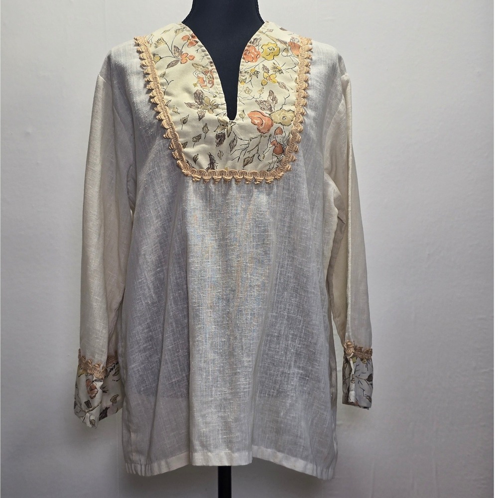 Vintage Kennington California Womens Blouse Large Cream Floral Trim Boho Prairie